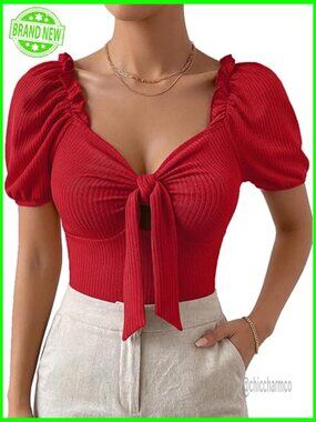 Rib Knit V Neck Bow Knot Front Short Sleeve Blouse Top